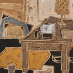 727×605mm、麻紙・岩絵具・箔・クレヨン・紅茶