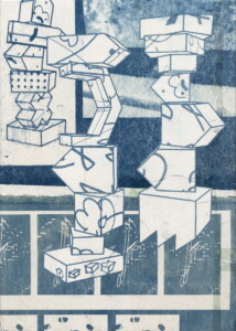 エスカレーター/Escalator 258×183mm,楮紙,膠,顔料,サイアノタイプ+銀箔