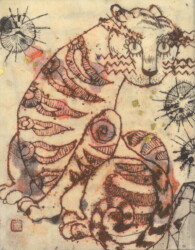 雲肌麻紙、岩絵の具、蜜臘、墨、金属箔、膠、180×140mm、sold out