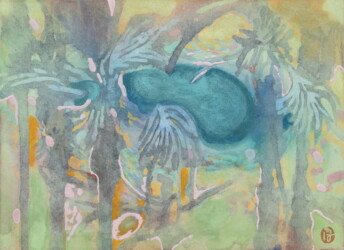 薄美濃紙、典具帖紙、墨、岩絵具、水干絵具、 色鉛筆、パステル、243×333mm、