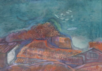 薄美濃紙、典具帖紙、墨、岩絵具、水干絵具、 色鉛筆、パステル、515×365mm、