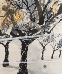 木製パネル、雲母麻紙、コピー用紙、墨、胡粉、鉛筆、木炭、727×606mm、