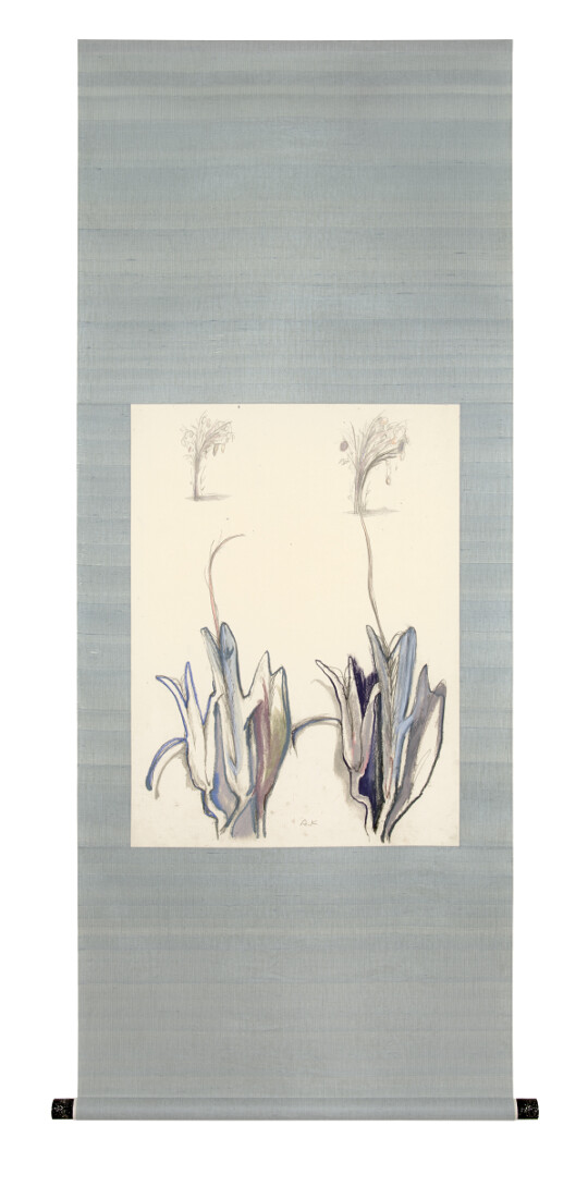 小林明日香「flowers and two trees」
画寸:601×452mm、全寸:1493×670mm、
素材: 楮紙、色鉛筆、オイルパステル