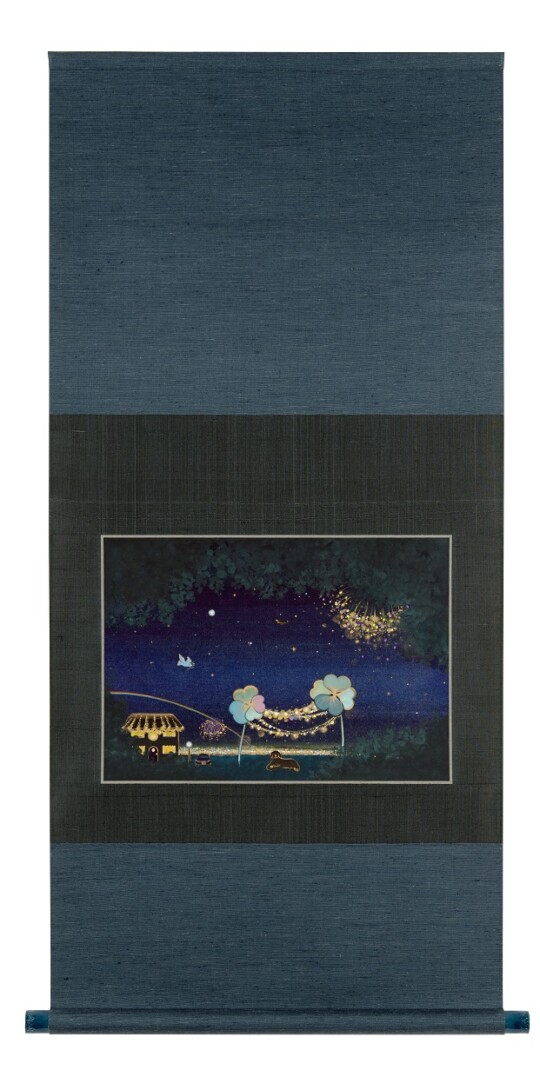 呉 逸萱「繋がり」 画寸:406×286mm、全寸:161×590mm、素材: 水干顔料、純金泥、楮紙