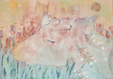 苗青青「春と犬」雲肌麻紙、岩絵具、銀泥、墨158x227x16mm、額付¥35,200 苗青青「春と犬」雲肌麻紙、岩絵具、銀泥、墨158x227x16mm、額付¥35,200
