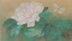 坂井 亜也子「蝶に牡丹」絹、染料、墨、胡粉、岩絵具、191×334×20㎜、¥44,000