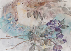 苗青青「鳥と紫色のバラ」雲肌麻紙、岩絵具、銀泥、墨242x333x16mm、額付¥60,500 苗青青「鳥と紫色のバラ」雲肌麻紙、岩絵具、銀泥、墨242x333x16mm、額付¥60,500