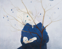 牧田紗季「青い実こぼれた」2026、雲肌麻紙、岩絵の具、455×380×20mm、¥79,200(税込)